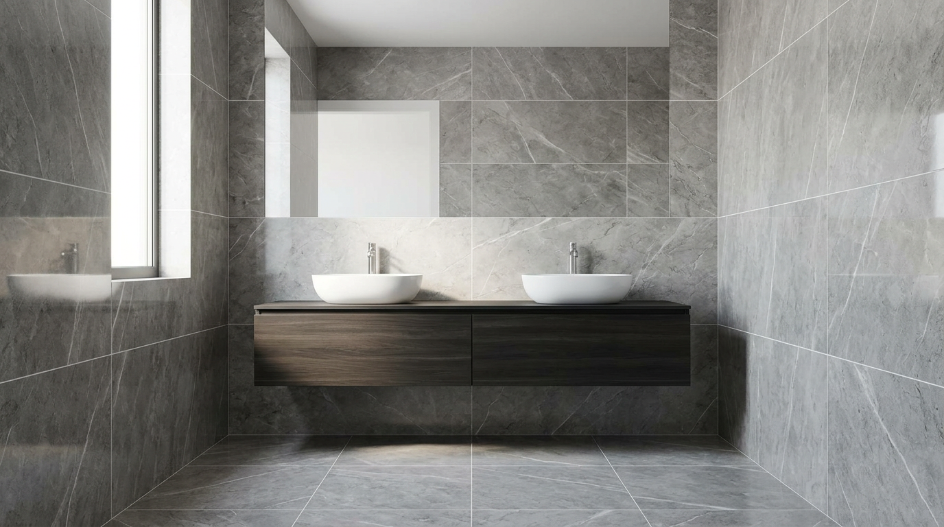 Moderna kopalnica z marmornatimi ploščicami